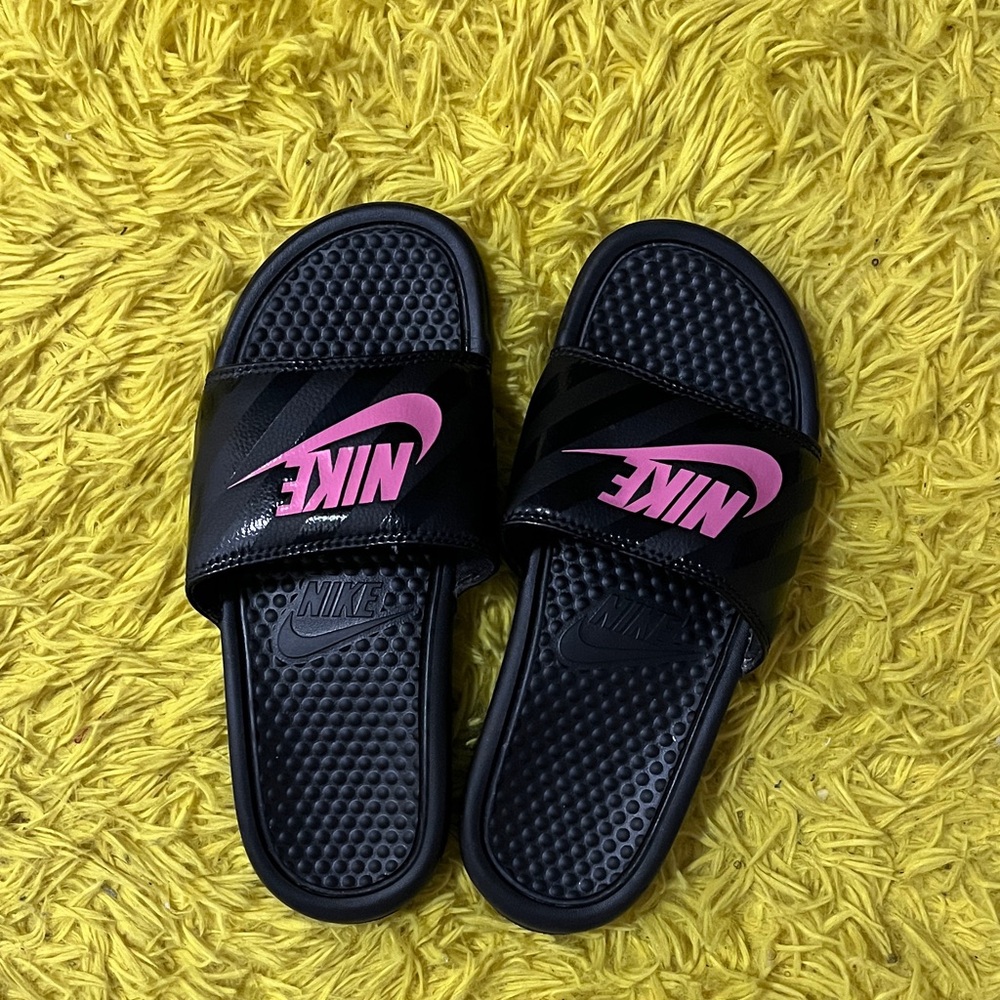 Nike Black Slides with Pink Logo